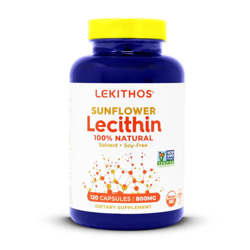 Bottle of Lekithos sunflower lecithin capsules with 120 softgels