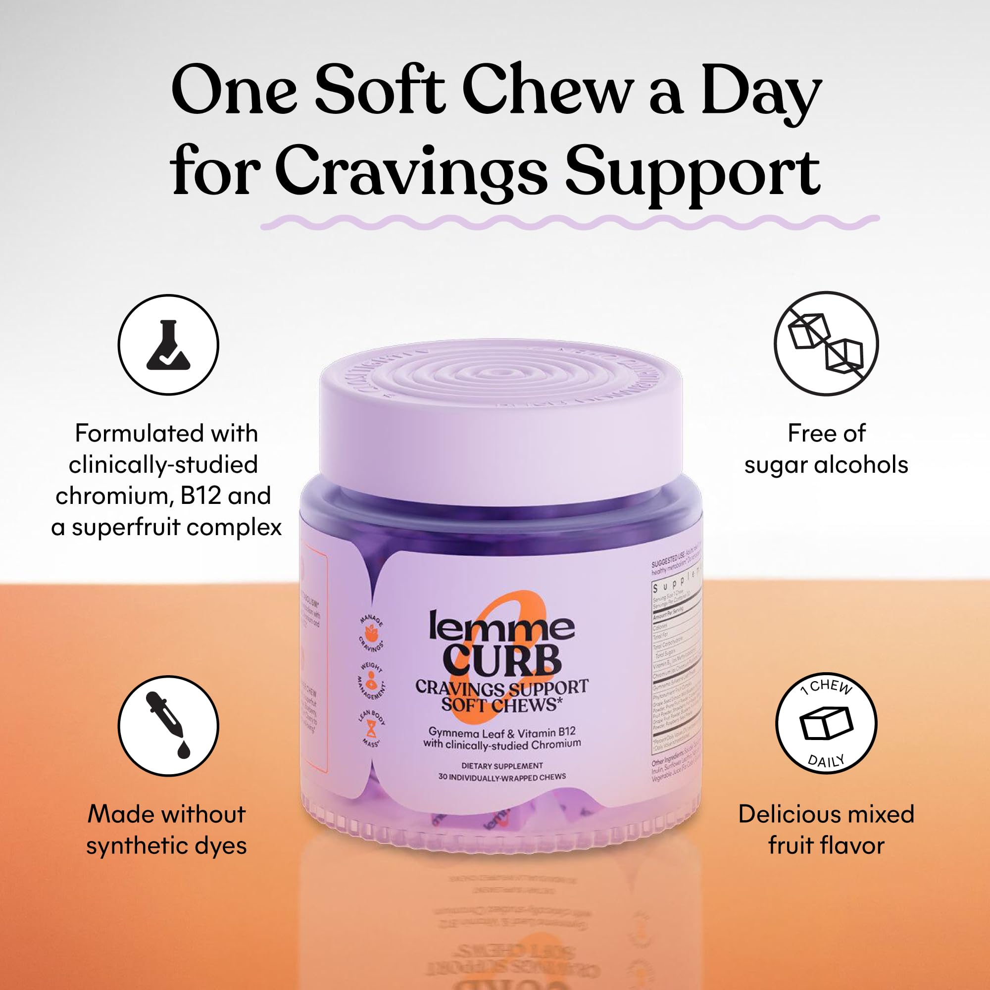 Supplement bottle with Lemme Curb Cravings label and berries