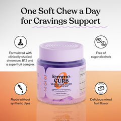 Supplement bottle with Lemme Curb Cravings label and berries