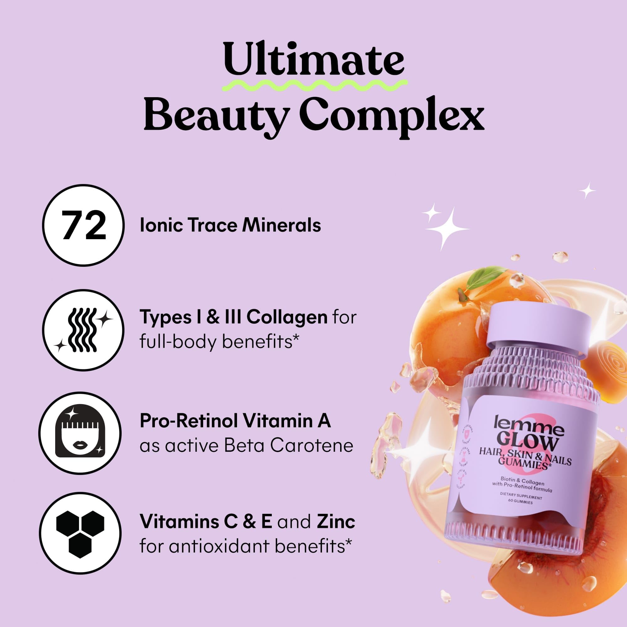 Lemme Glow ingredients label highlights collagen and biotin.