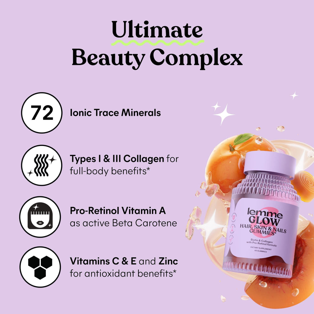 Lemme Glow ingredients label highlights collagen and biotin.