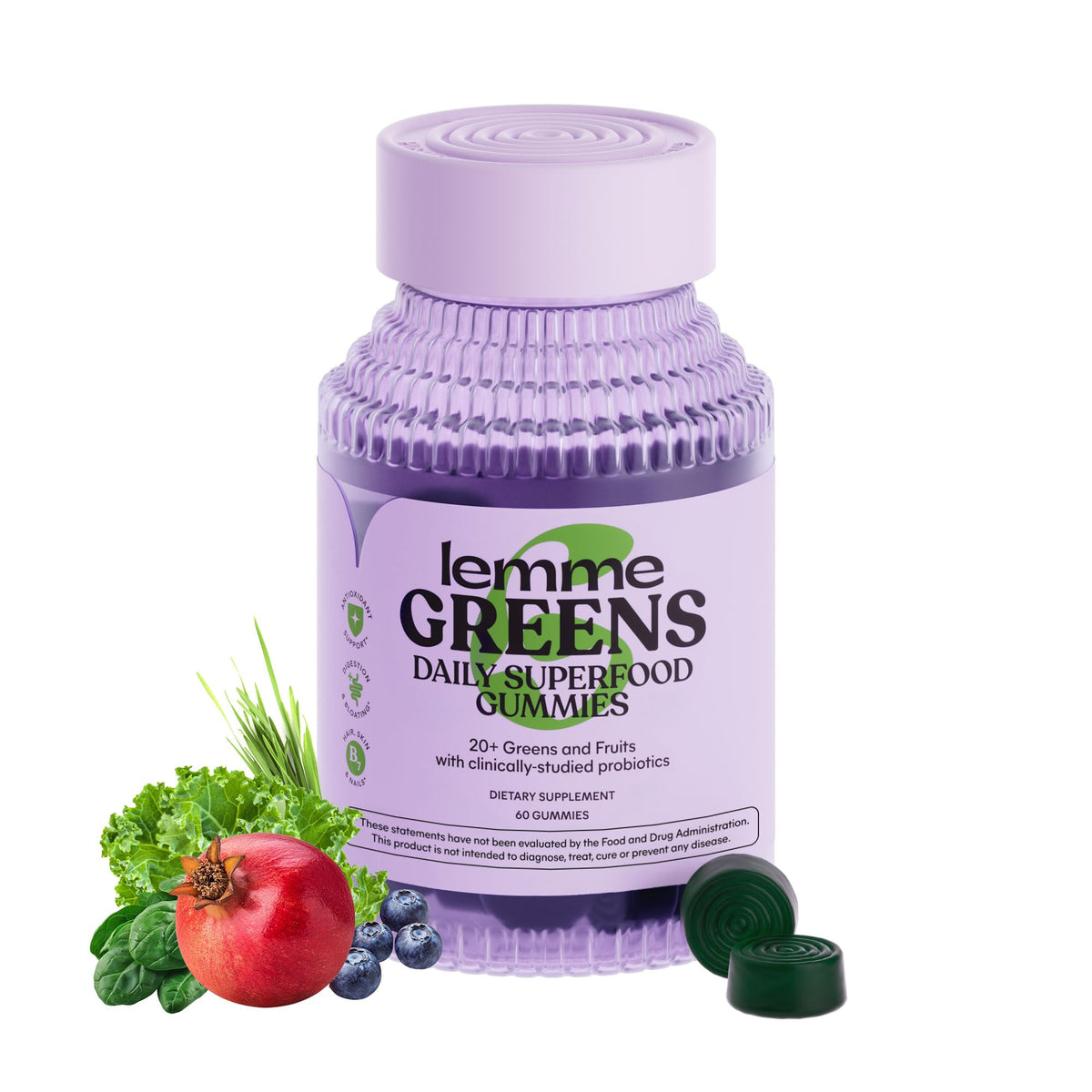 Hero image of Lemme Greens Superfood Gummies in berry flavor, 60 count