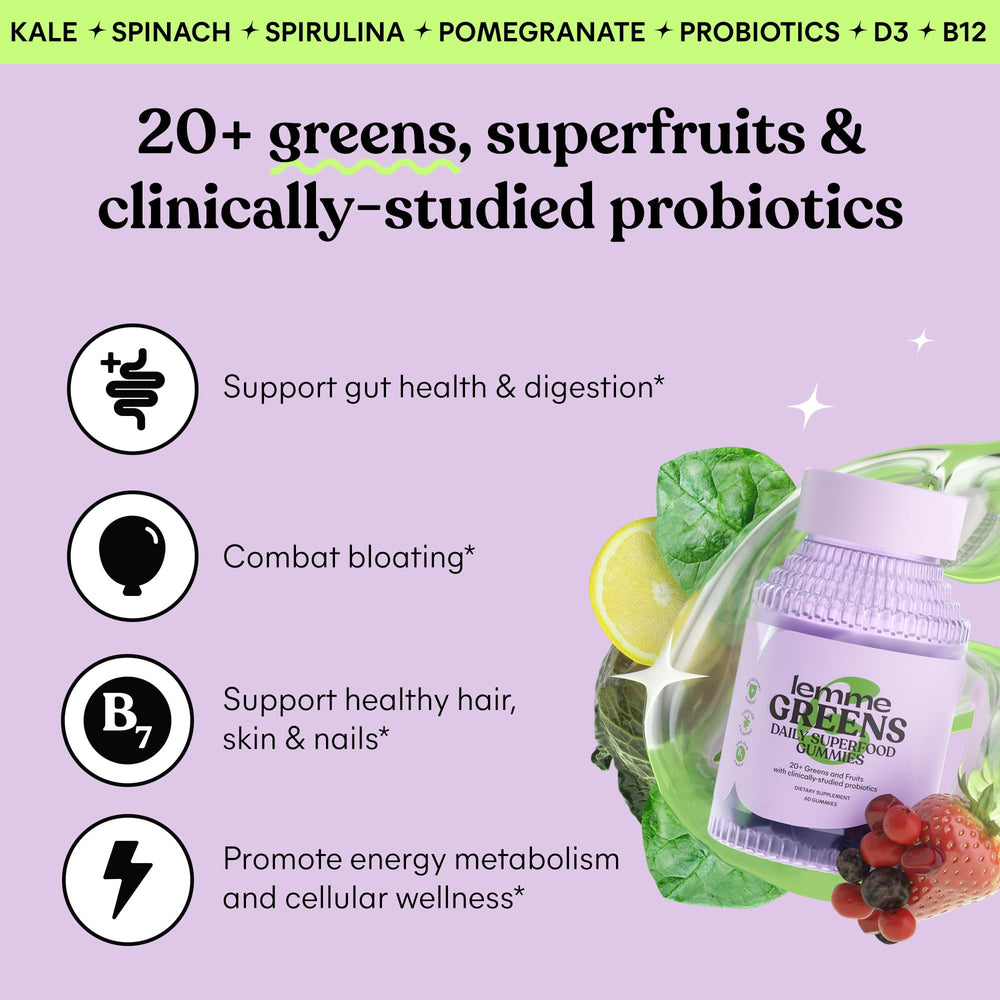 Graphic showing 20+ organic greens and superfruits