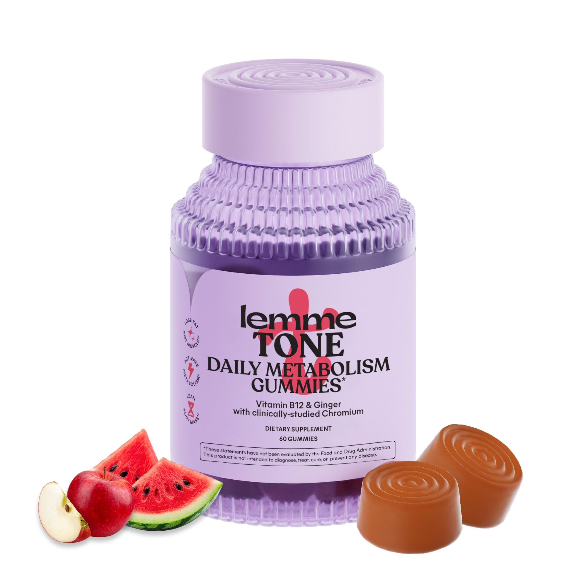 Bottle of Lemme Tone Metabolism Gummies with Watermelon Apple flavor label