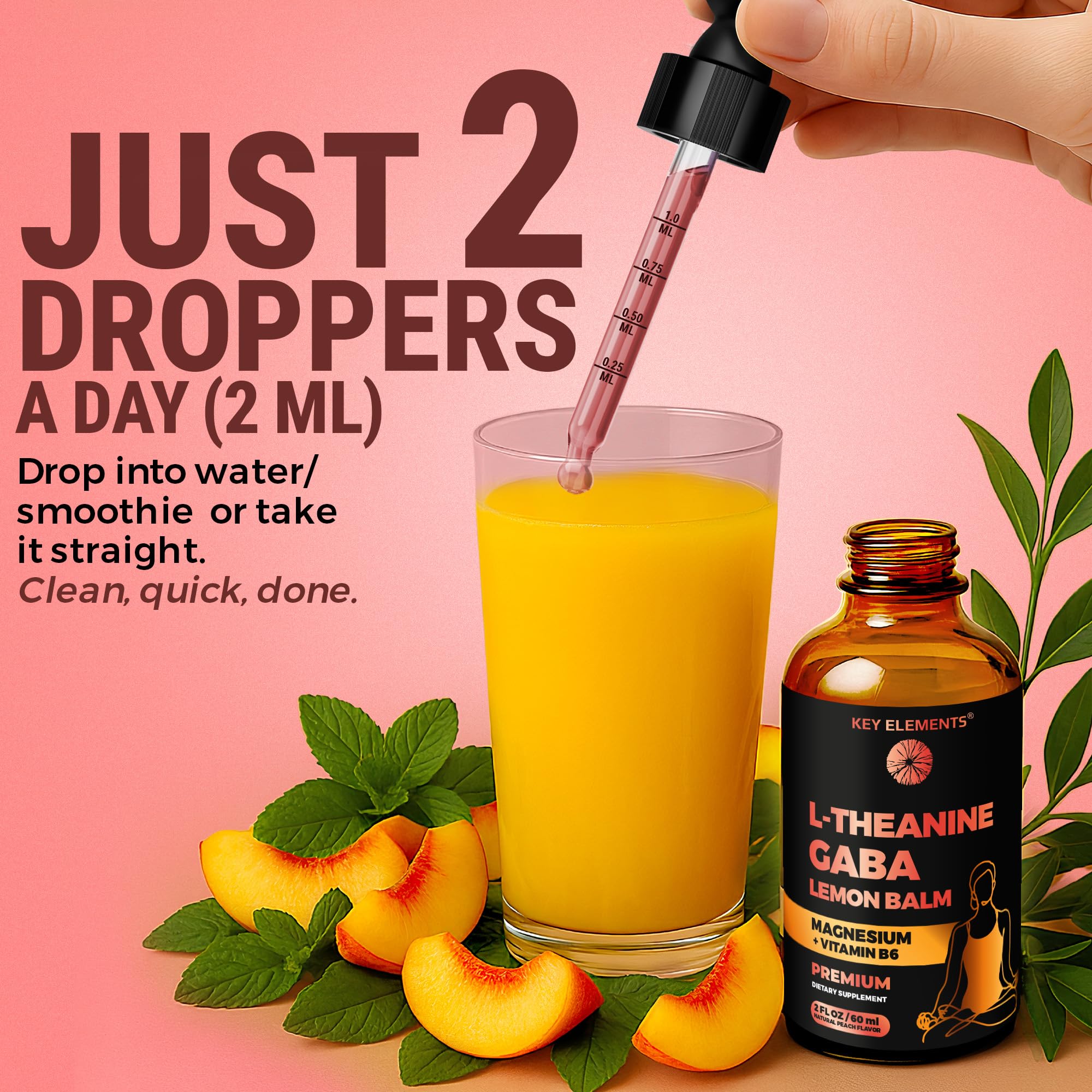 Lemon balm and L-Theanine liquid drops close-up