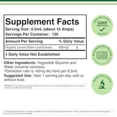 Lemon balm tincture drops showing 15 drops per serving (0.5 ml)