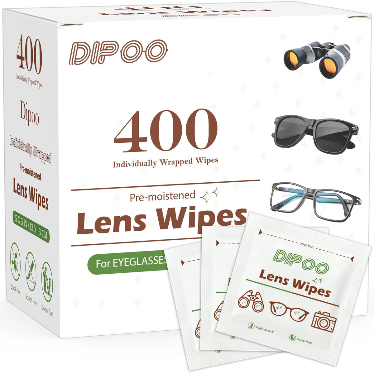 400-count lens wipes packaging with eyeglasses on background