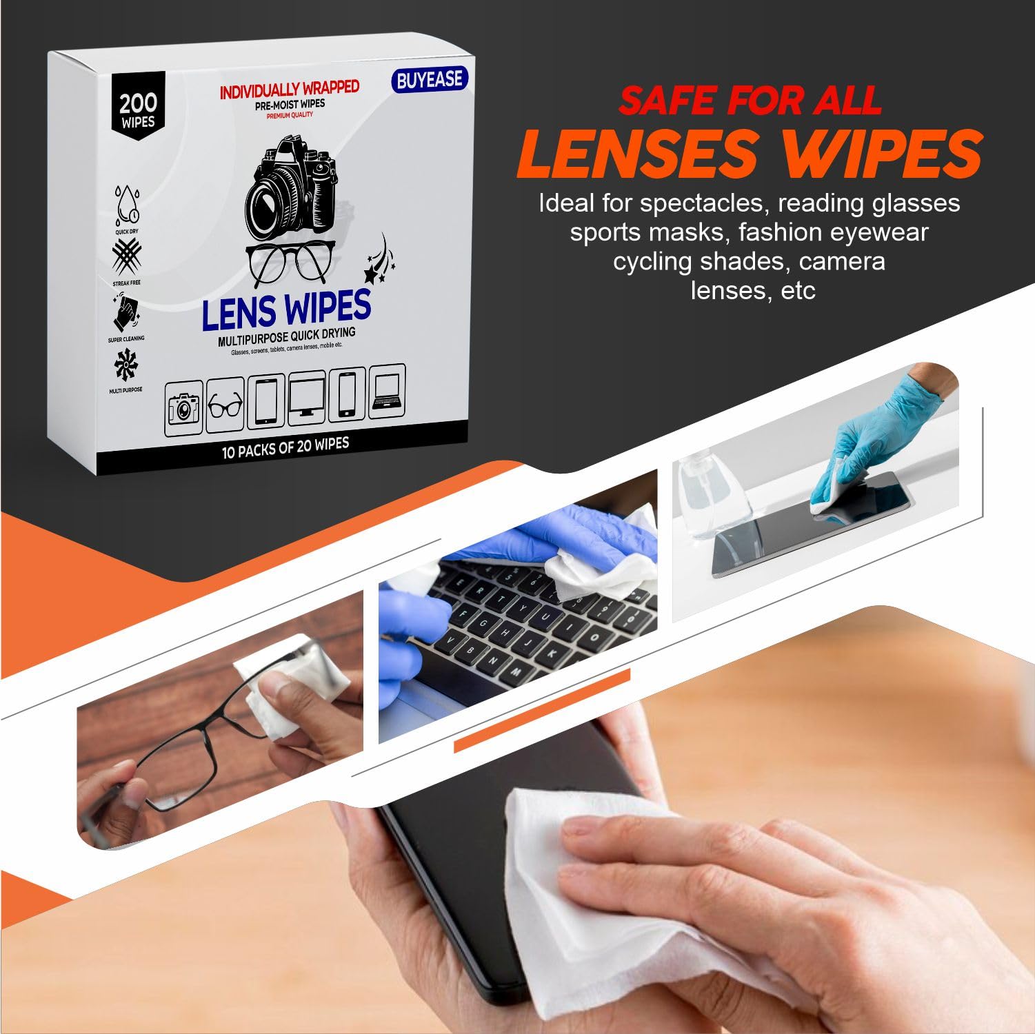 Wipes being used on smartphone and tablet screens and other surfaces