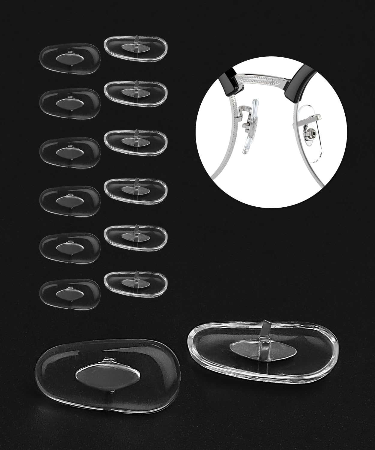 Six silicone nose pads for Ray-Ban Aviator with clip-on holder (RB3025, RB3026).