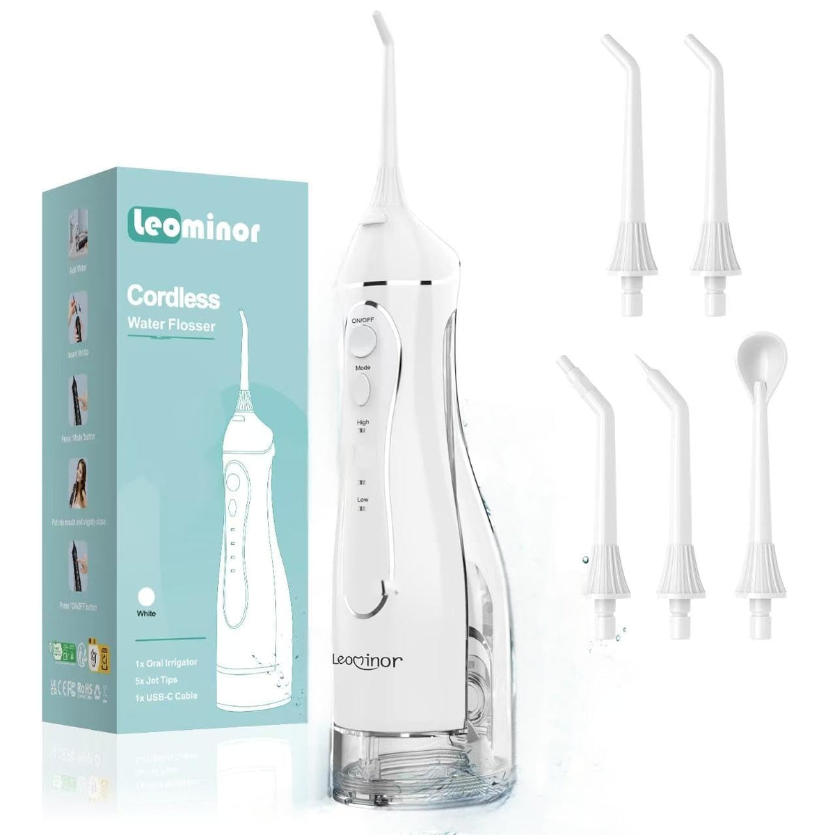 Leominor Water Dental Flosser device in white color, front view