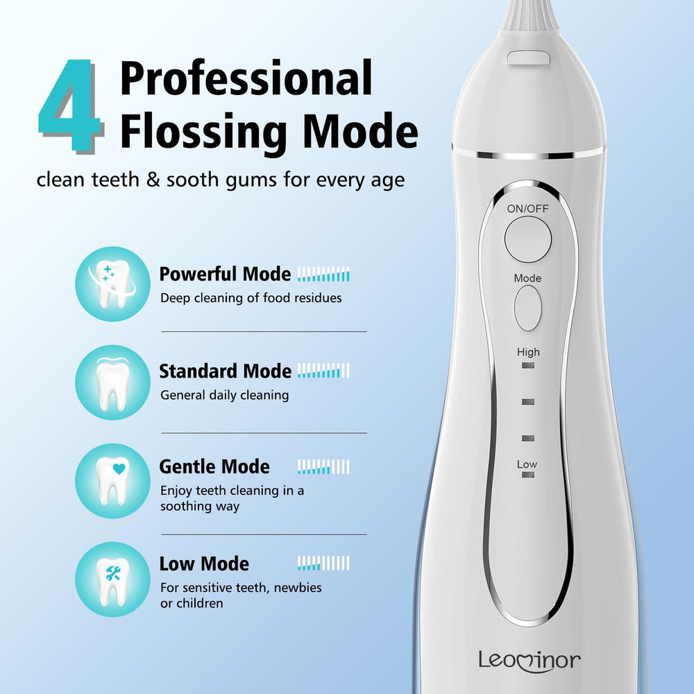 Blue and white portable flosser close-up