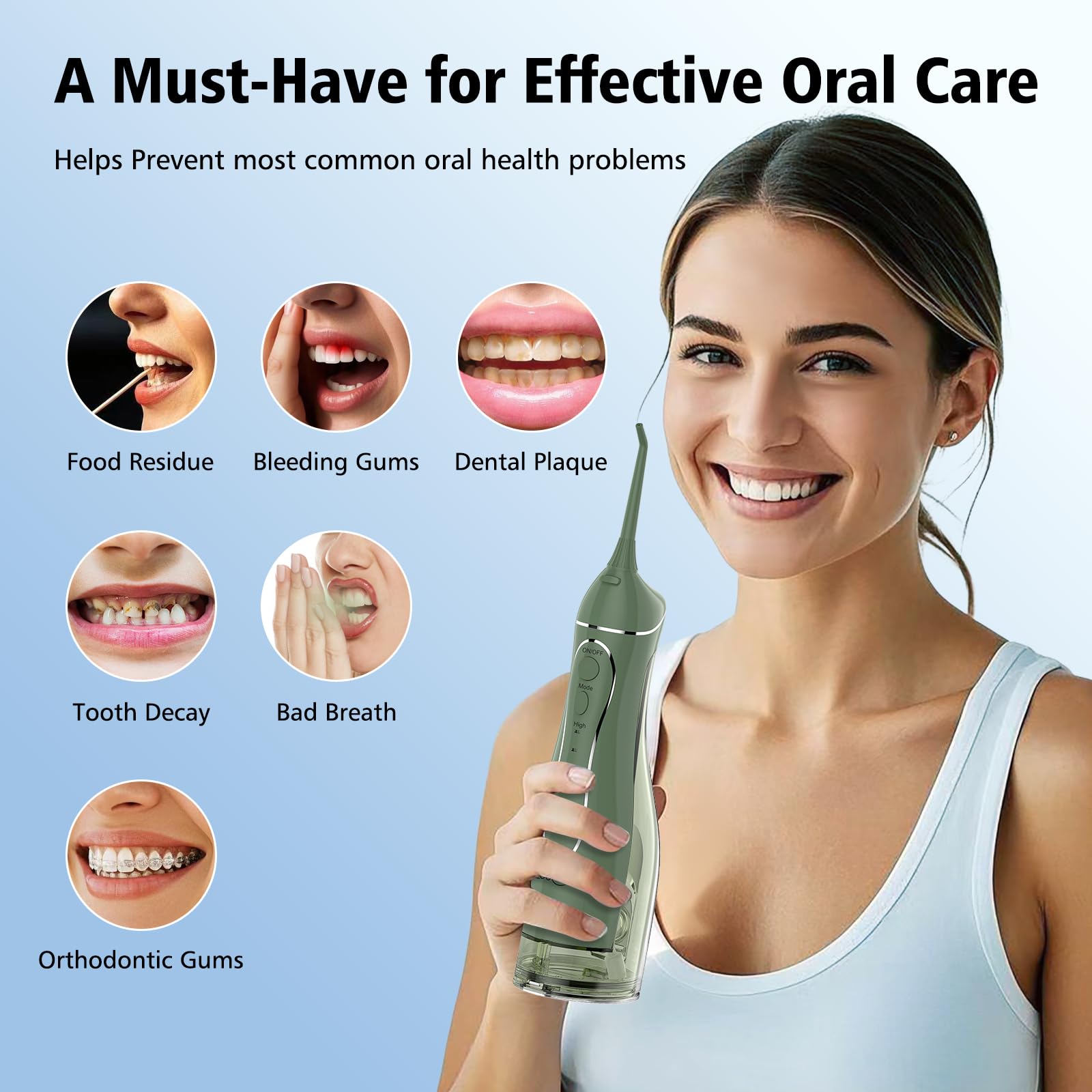 Water stream from flosser nozzle cleaning teeth