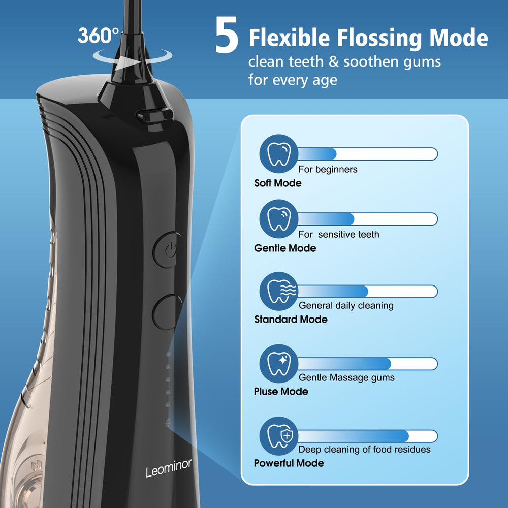 Cordless water flosser in black with charging base
