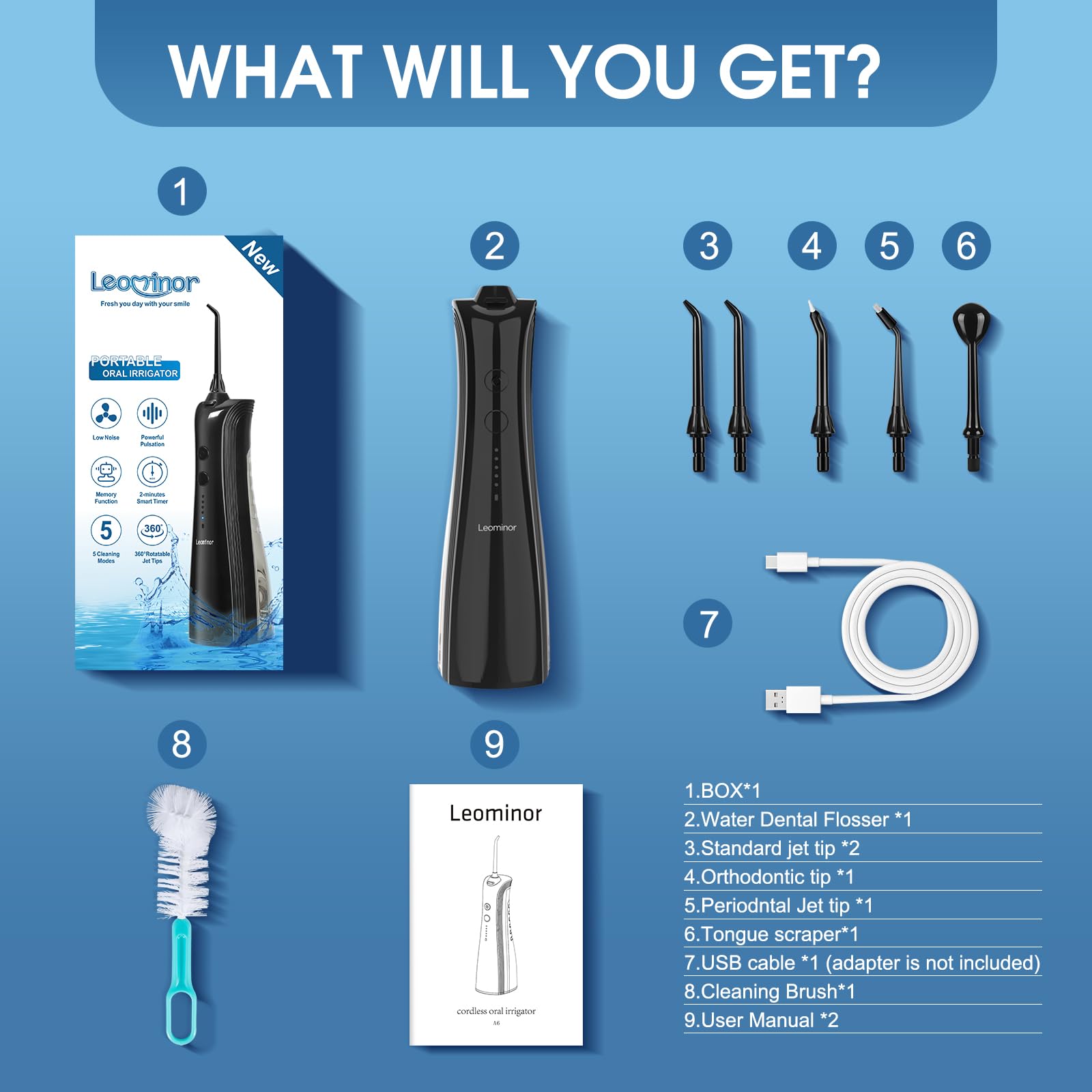 Included accessories: charging cable, user manuals, cleaning brush