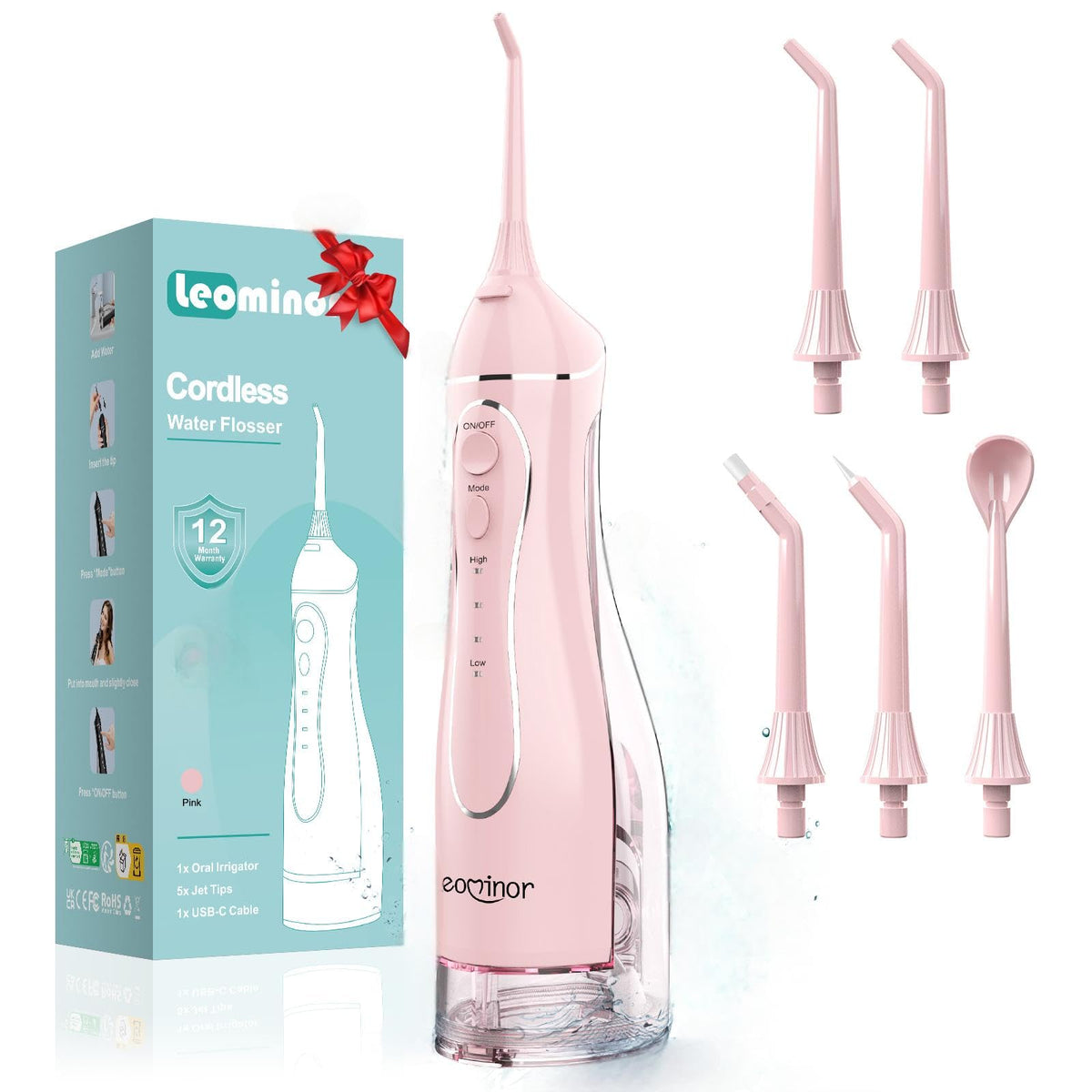 Leominor Water Flosser Pink – front view with nozzle attached