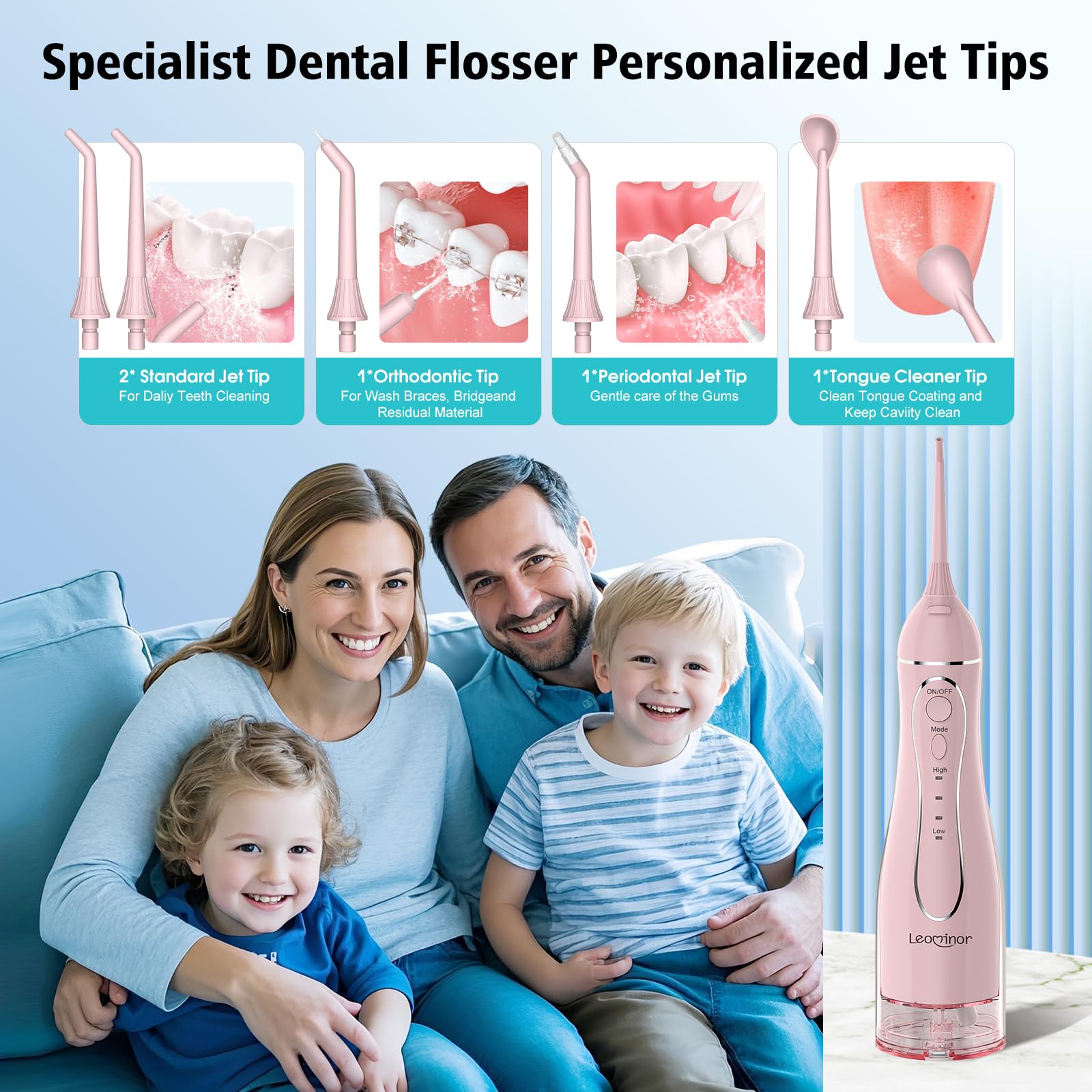 Package contents: water flosser, 5 heads, manual, USB charging cable