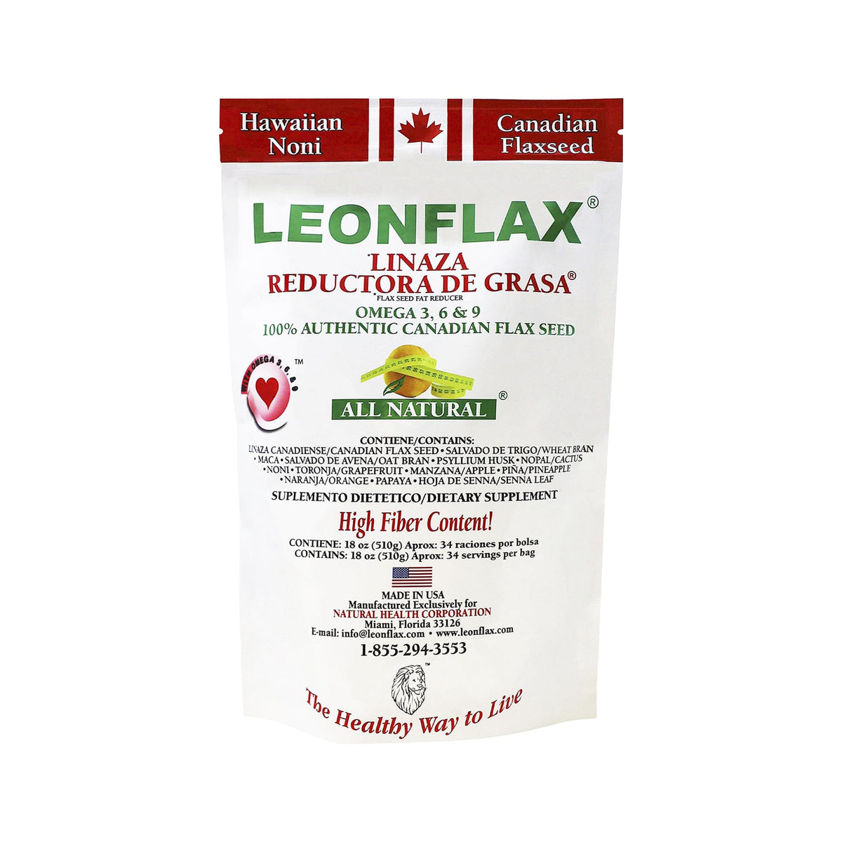 Leonflax 100% authentic Canadian flaxseed in an 18 oz bag