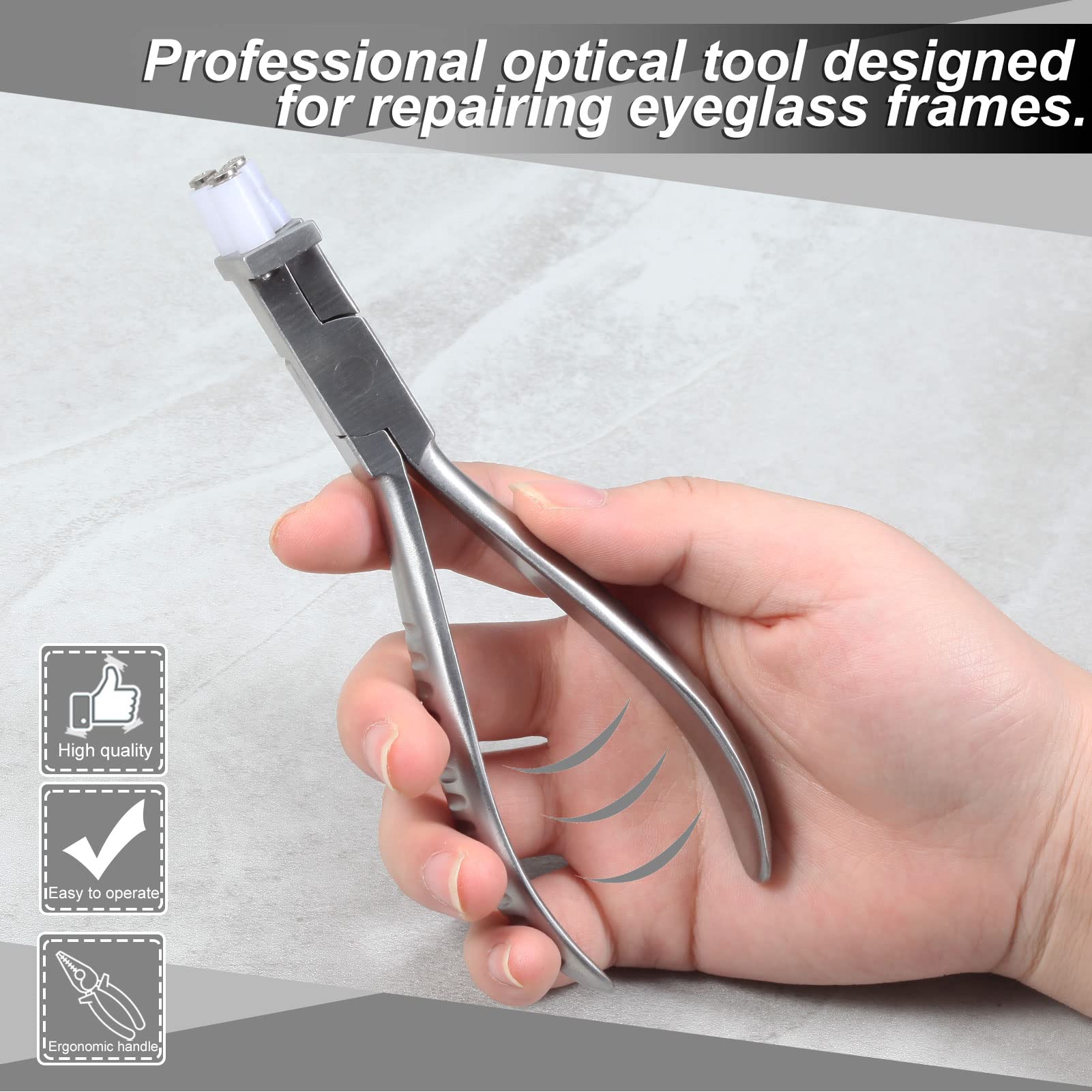 Stainless steel eyeglass repair pliers with dimensions 150 x 50.6 x 18.4 mm