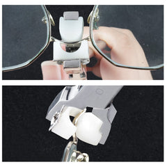 Pliers adjusting eyeglasses frame in a repair setup