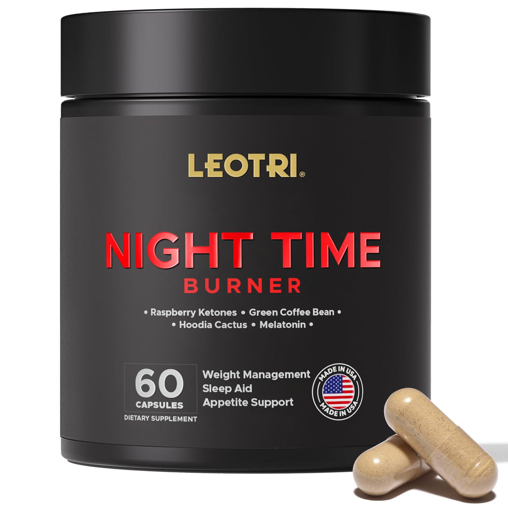 Leotri Night Burn bottle on a countertop – hero image