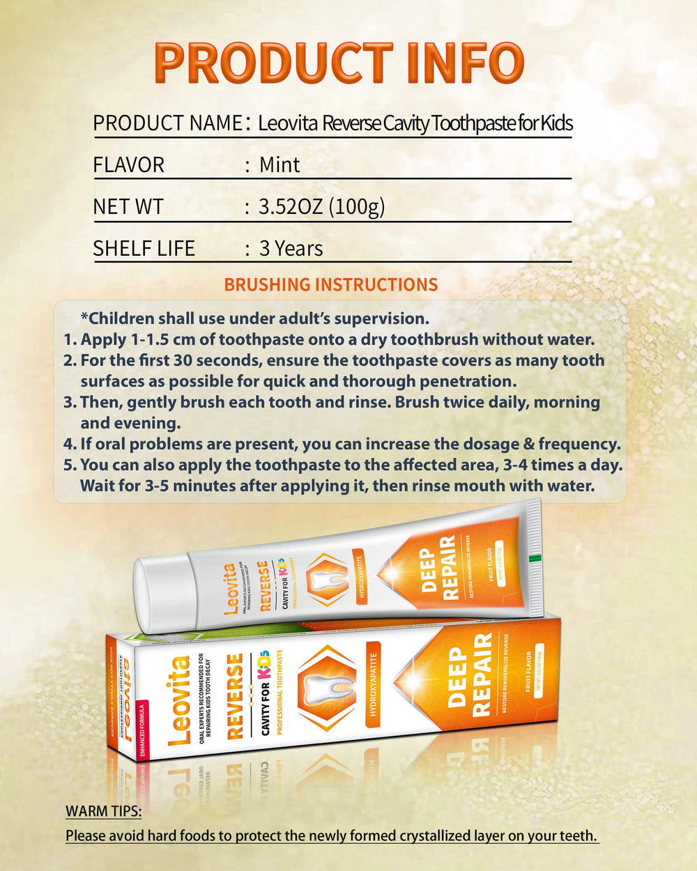 Enamel repair and cavity protection illustration for Leovita toothpaste