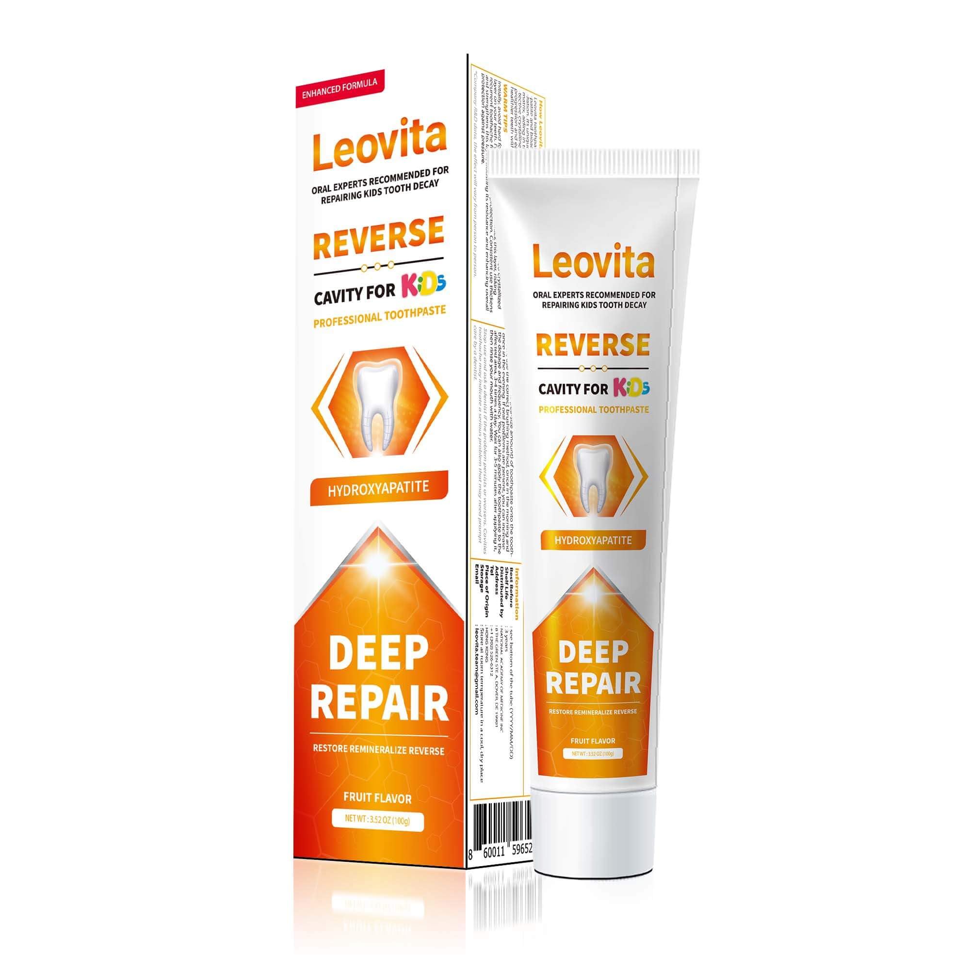 Leovita kids toothpaste bottle displaying hydroxyapatite formula