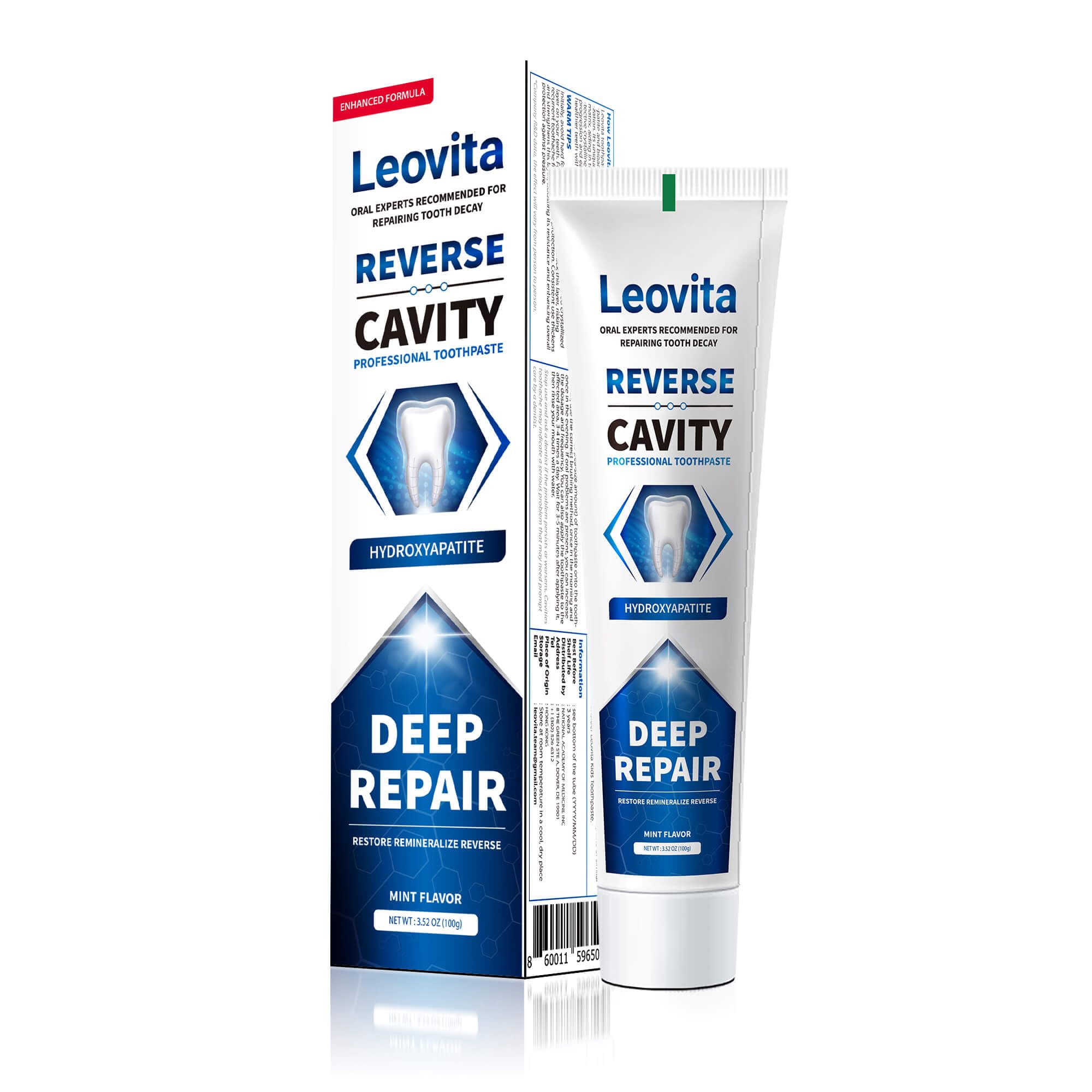 Leovita cavity reversing toothpaste tube against white background