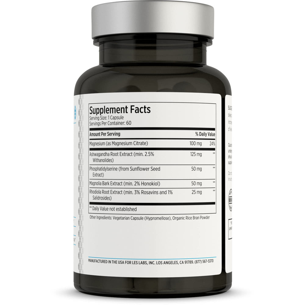 LES Labs Cortisol Health bottle side showing dosage for daily stress management