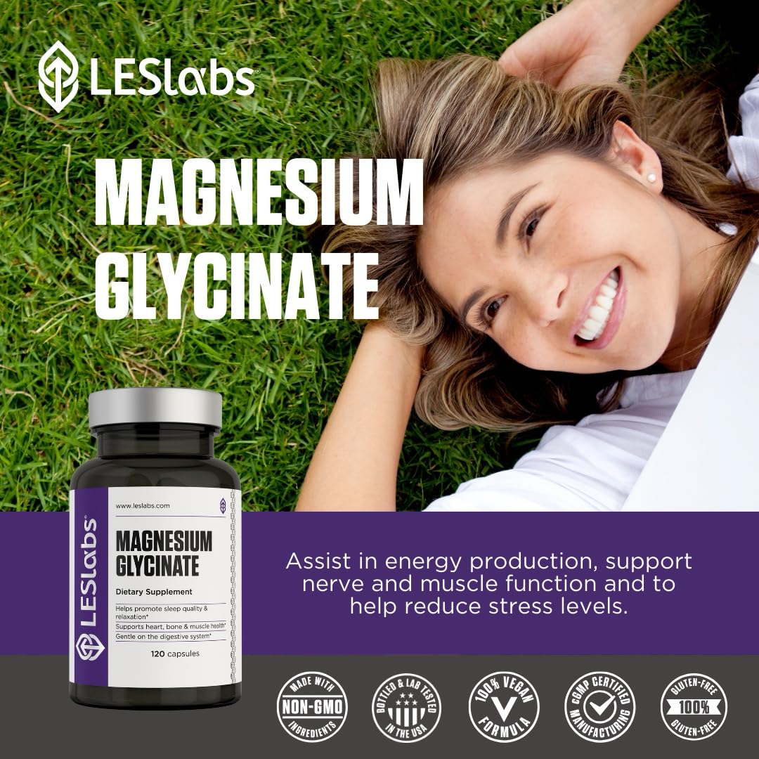 Front view of LES Labs Magnesium Glycinate bottle with label