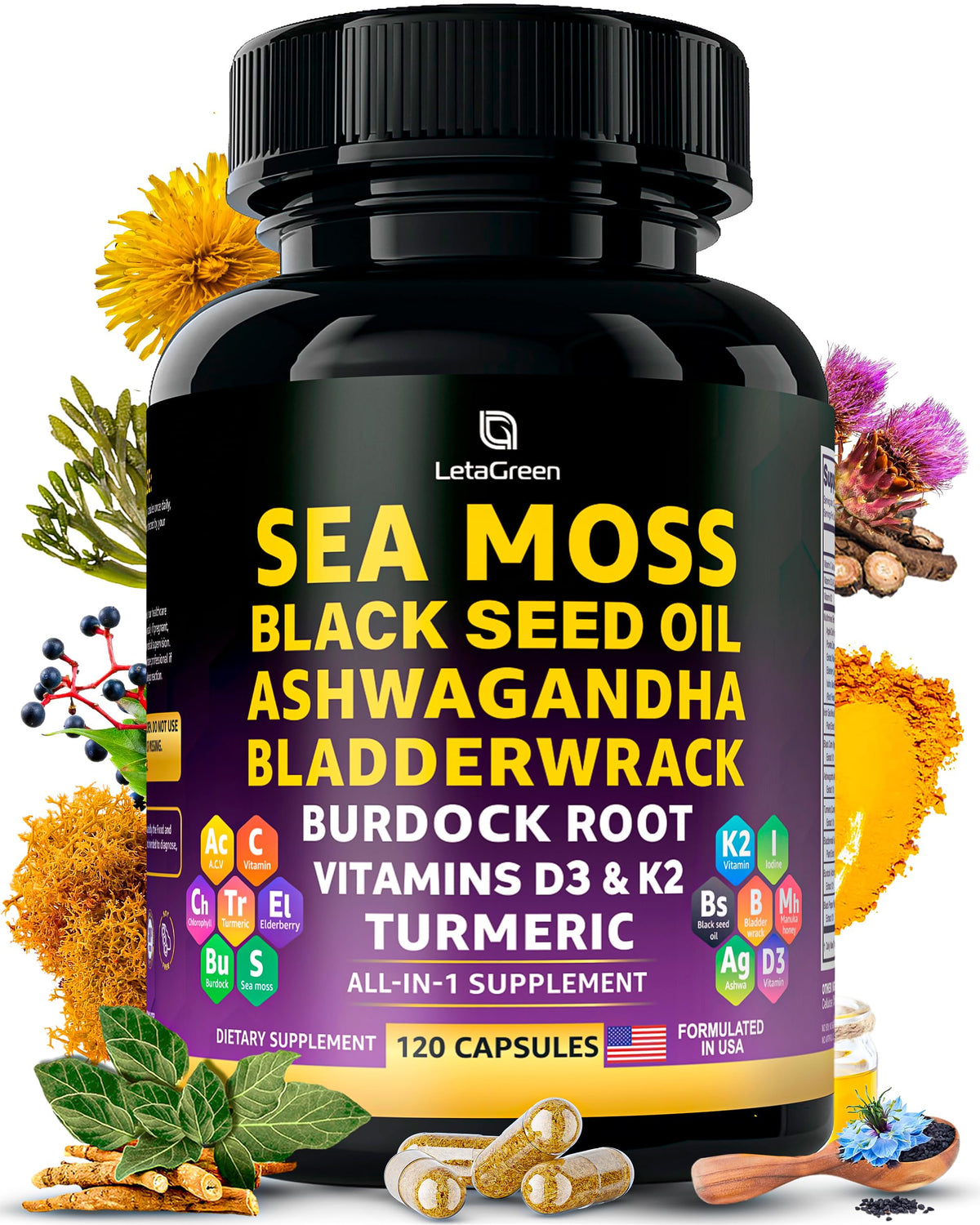 LetaGreen Sea Moss Capsules bottle in hero image, 120-count