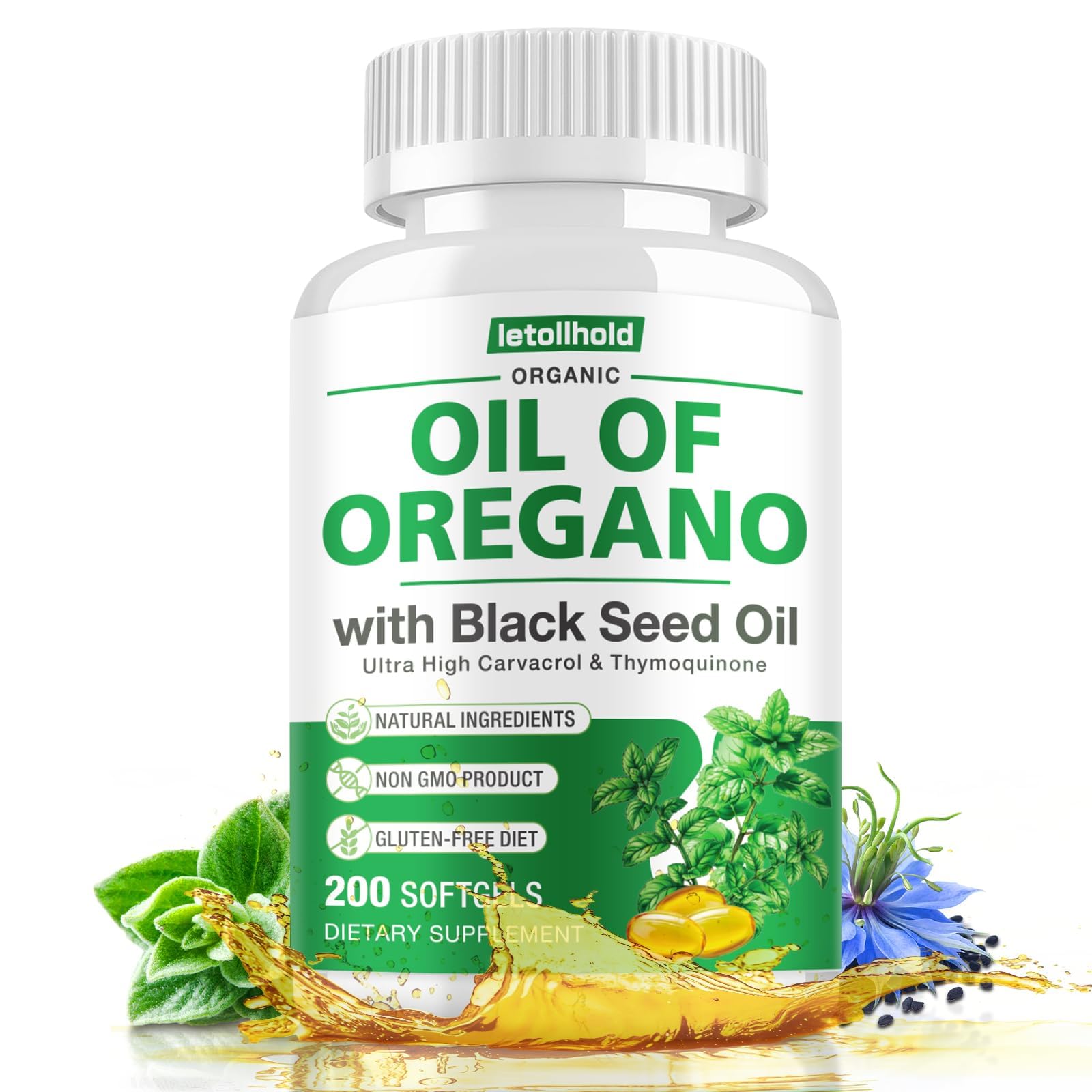 Letollhold oregano oil softgels front view 200-count bottle