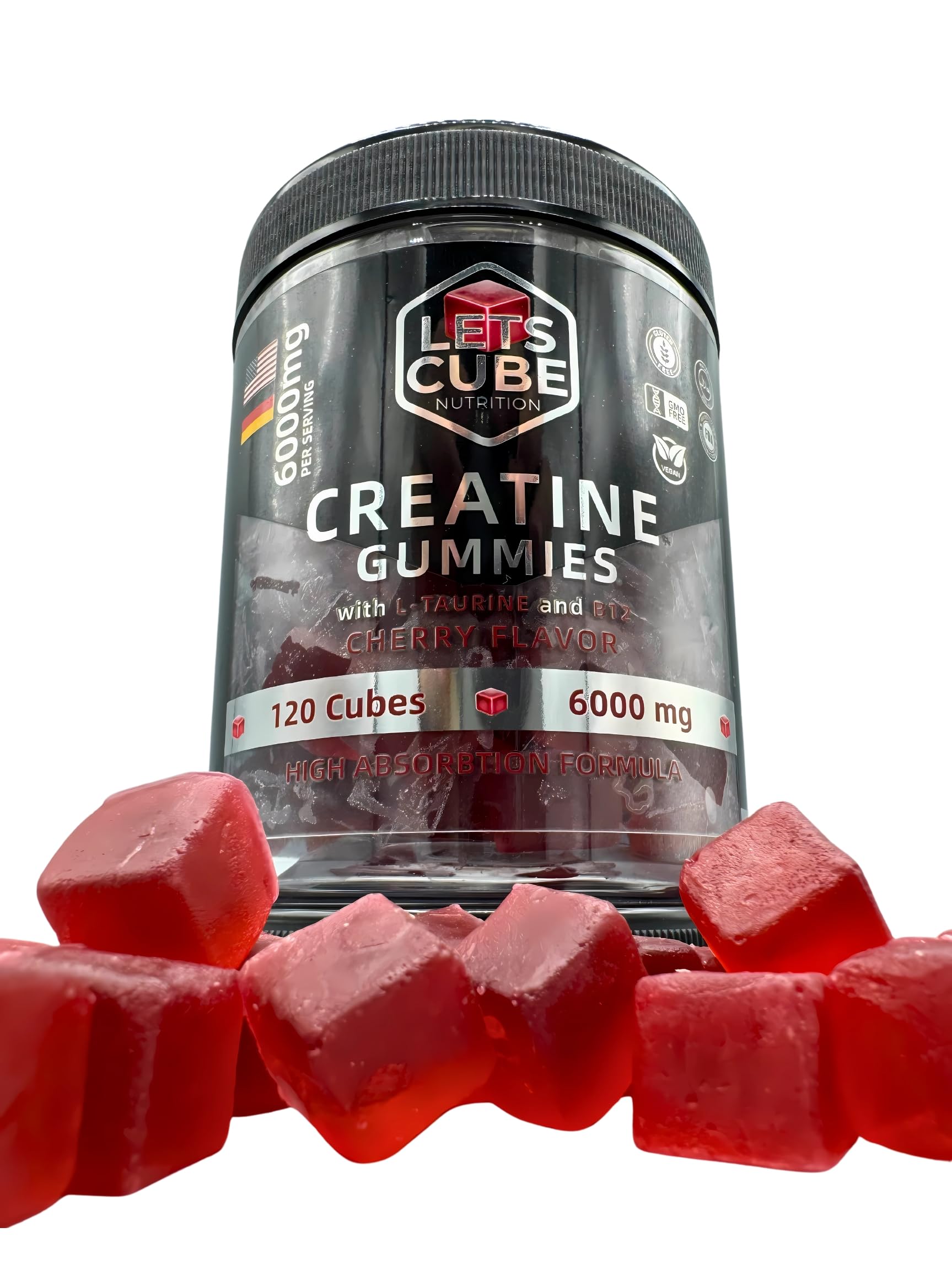 LETS-CUBE Creatine Gummies jar packshot with Cherry flavor