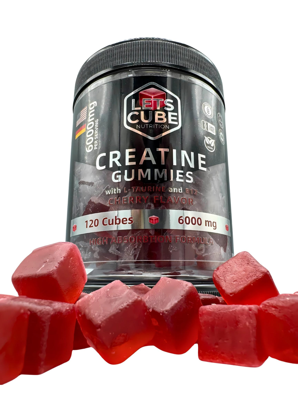LETS-CUBE Creatine Gummies jar packshot with Cherry flavor
