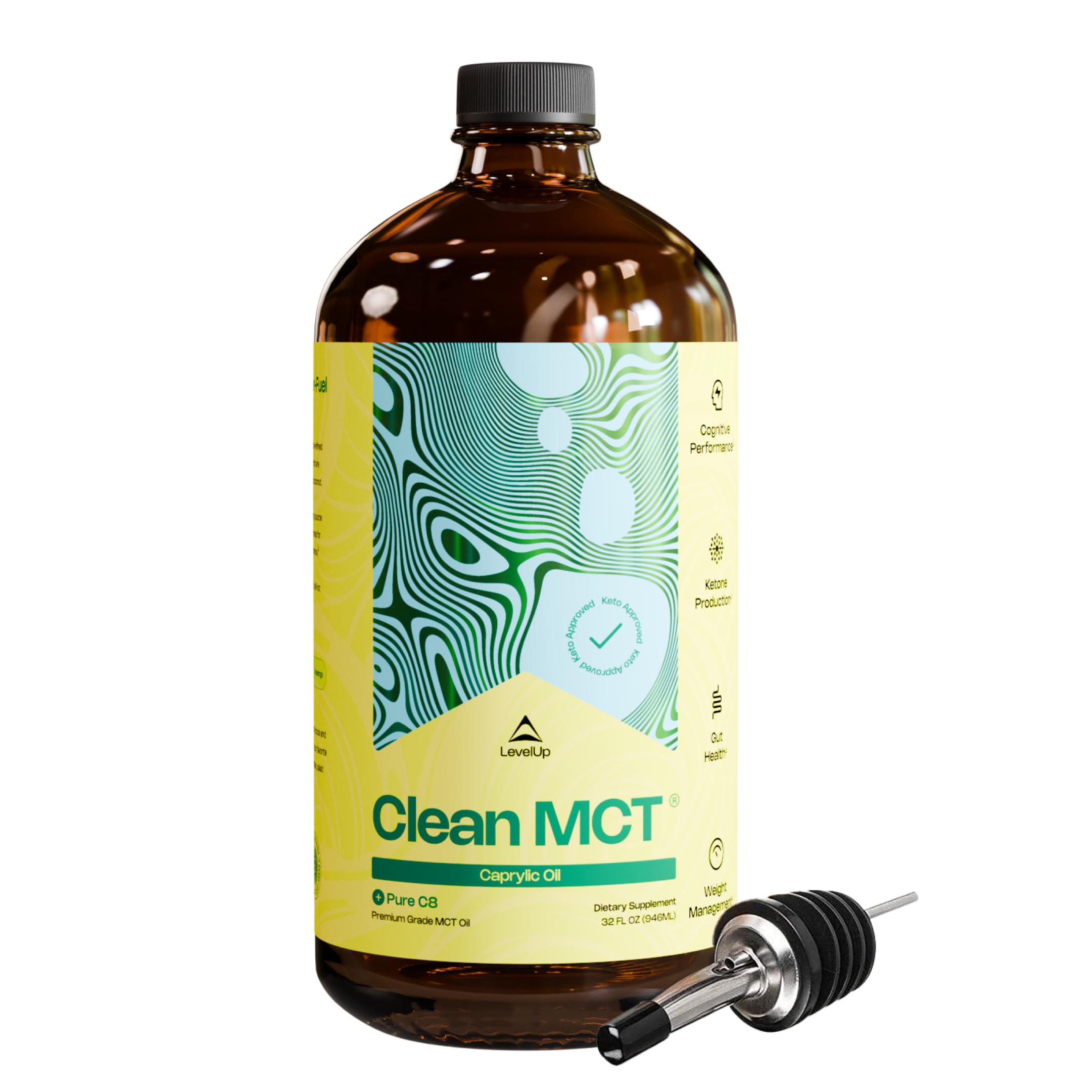 Front view of LevelUp Clean MCT Oil 32 oz glass bottle