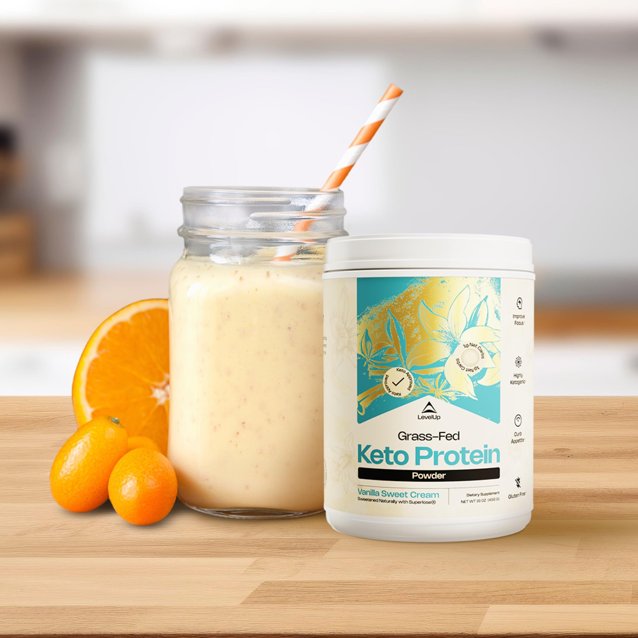 Ingredients panel of LevelUp Keto Protein highlights collagen, MCT, and whey.