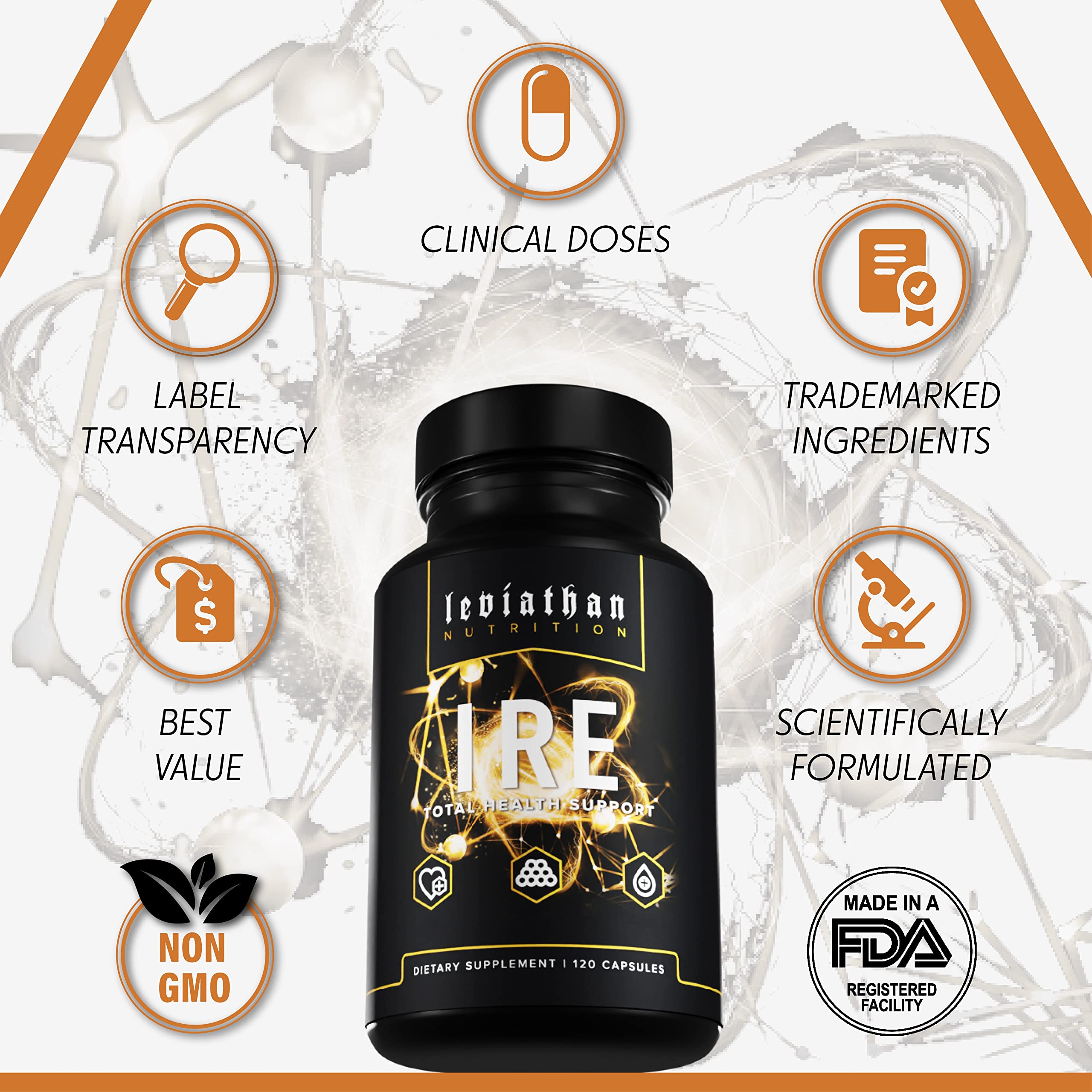 Capsules and bottle of Leviathan IRE Complete Health Support