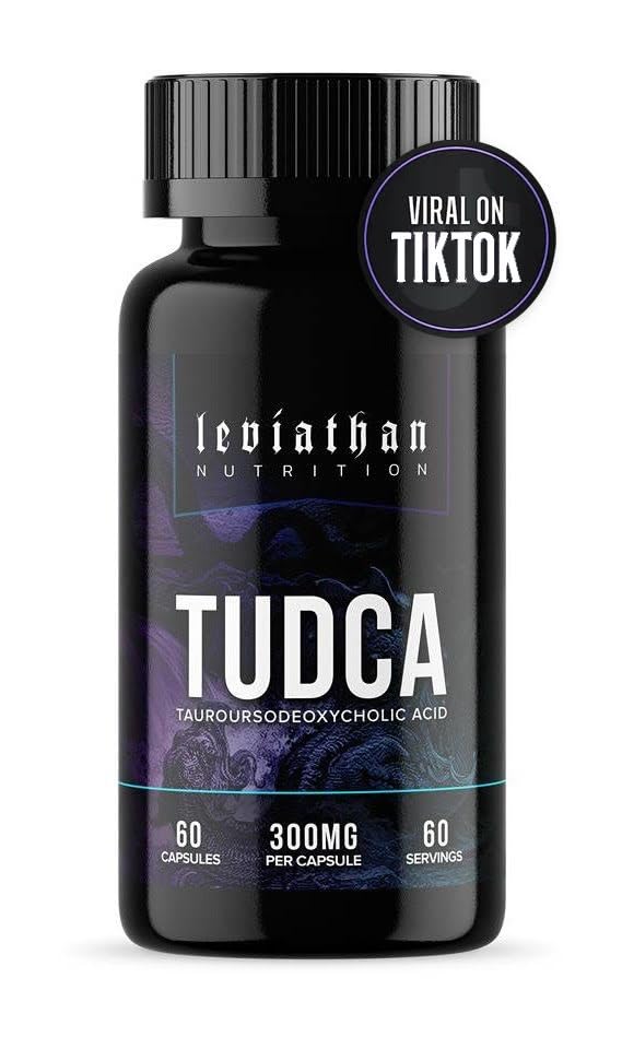 Leviathan Nutrition TUDCA bottle front shows 60 capsules for a monthly supply.