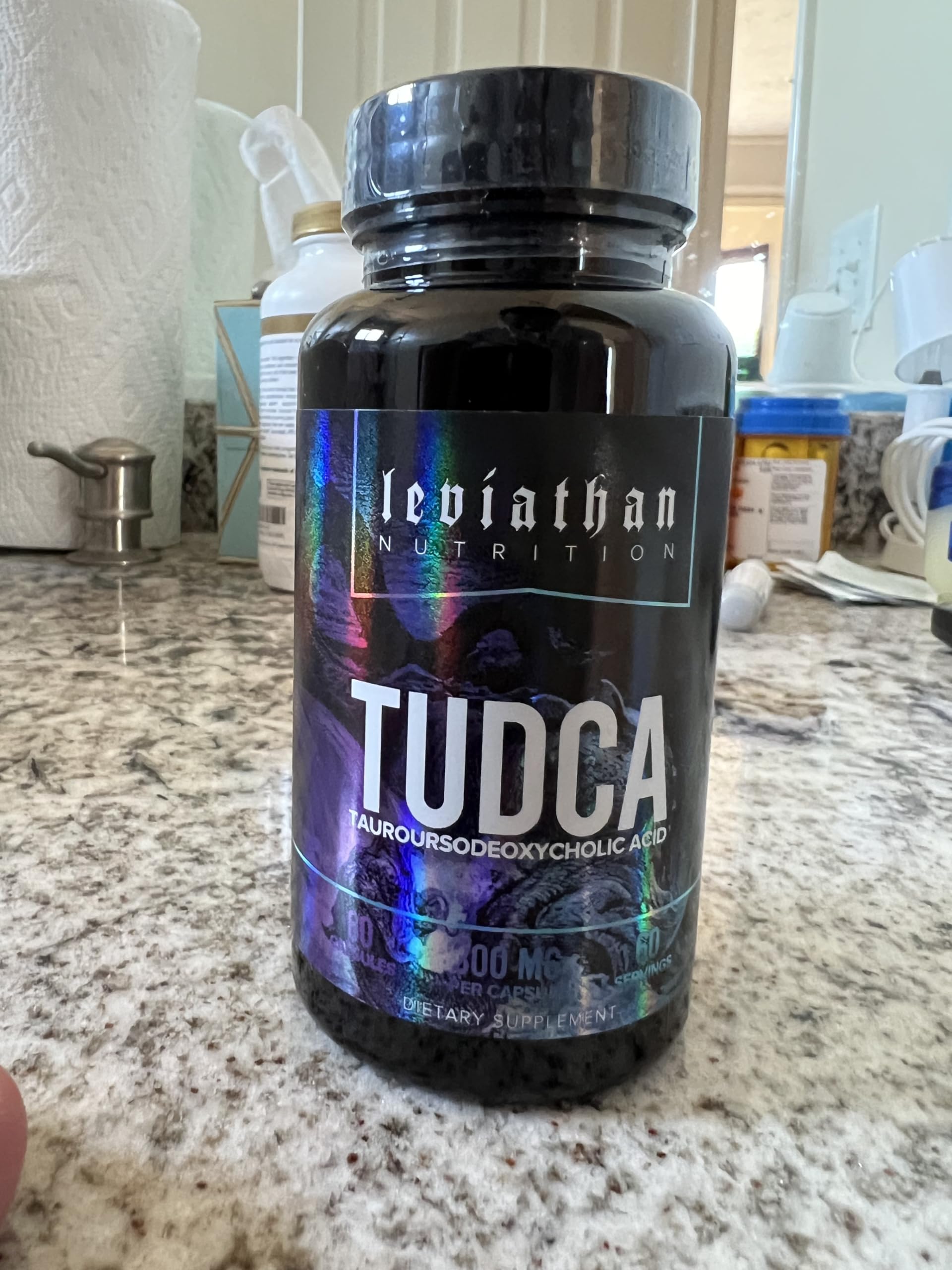 Leviathan Nutrition TUDCA bottle pour suggests simple daily dosing routine.