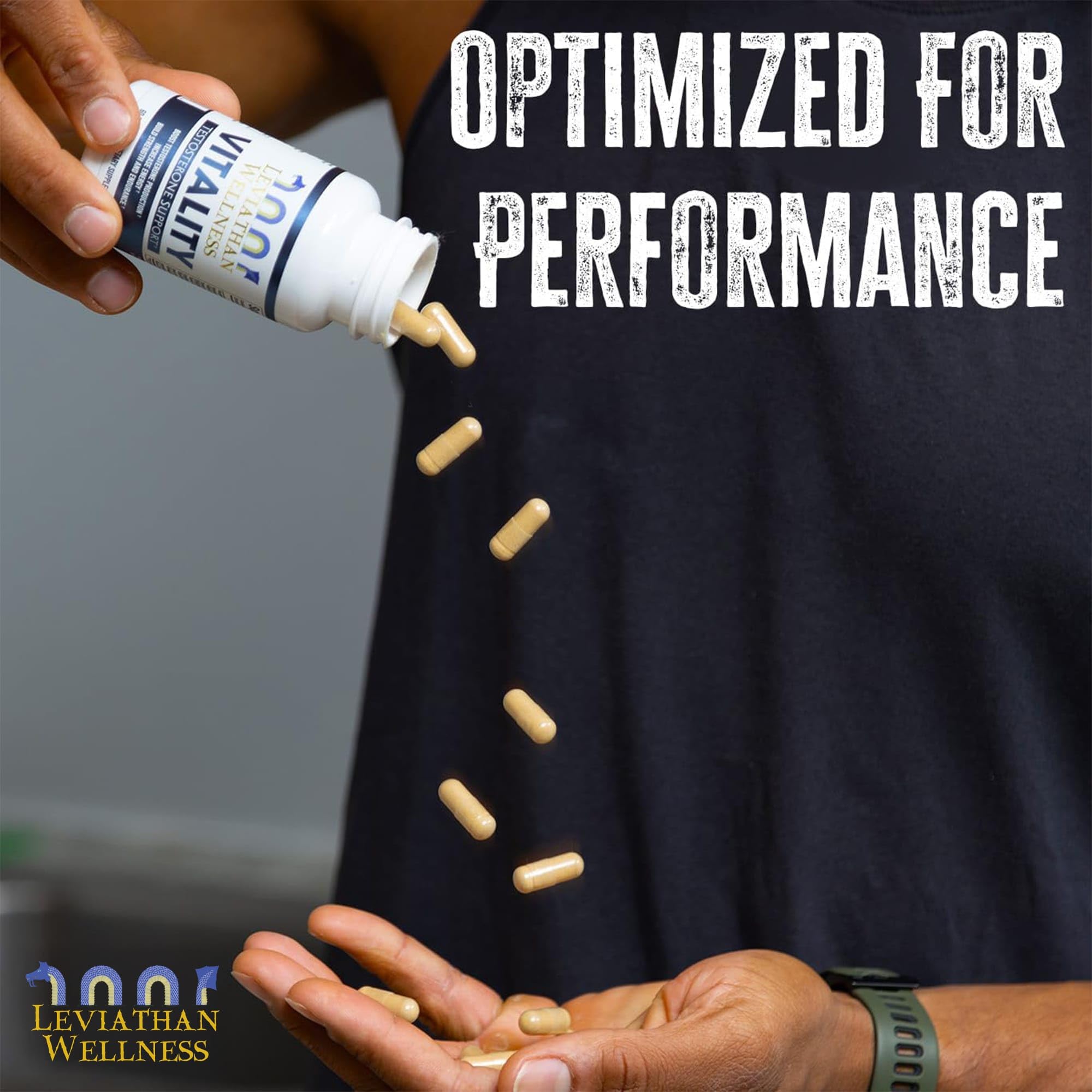 Leviathan Wellness Vitality capsules close-up illustrates convenient daily capsule format.