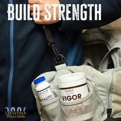 Leviathan Wellness Vitality label close-up emphasizes USA-made quality and science-backed blend.