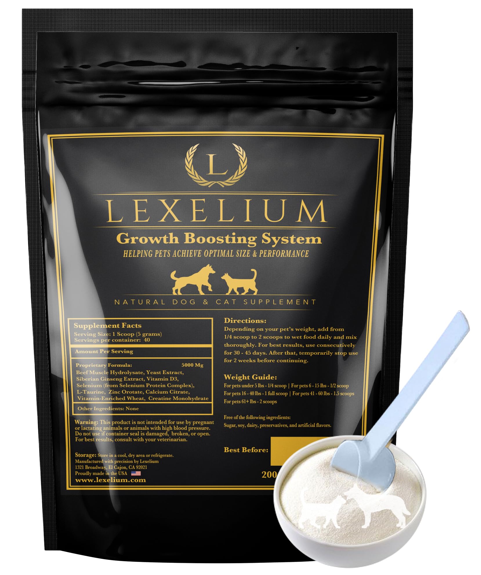 Lexelium weight gainer powder tub showing growth-support formula for puppies and kittens