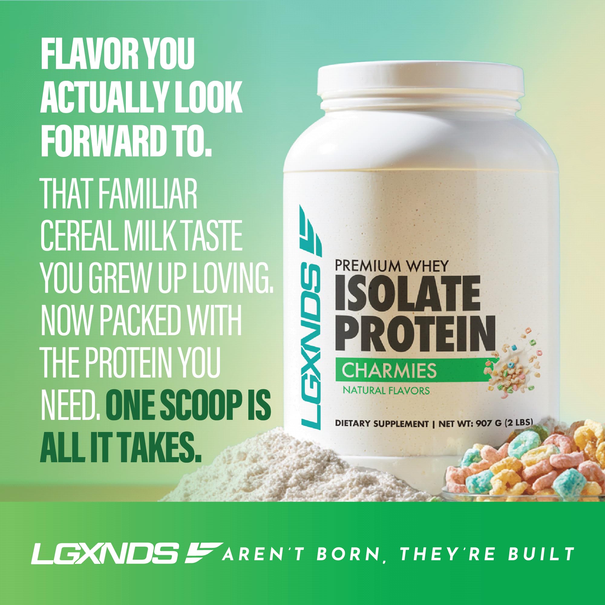 LGXNDS Charmies 2lb tub displayed with gym bag for on-the-go protein.