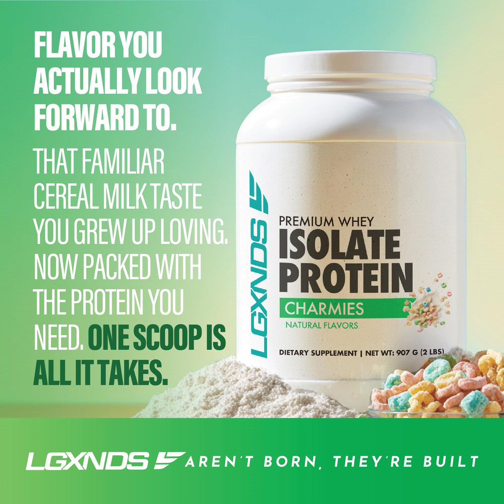 LGXNDS Charmies 2lb tub displayed with gym bag for on-the-go protein.