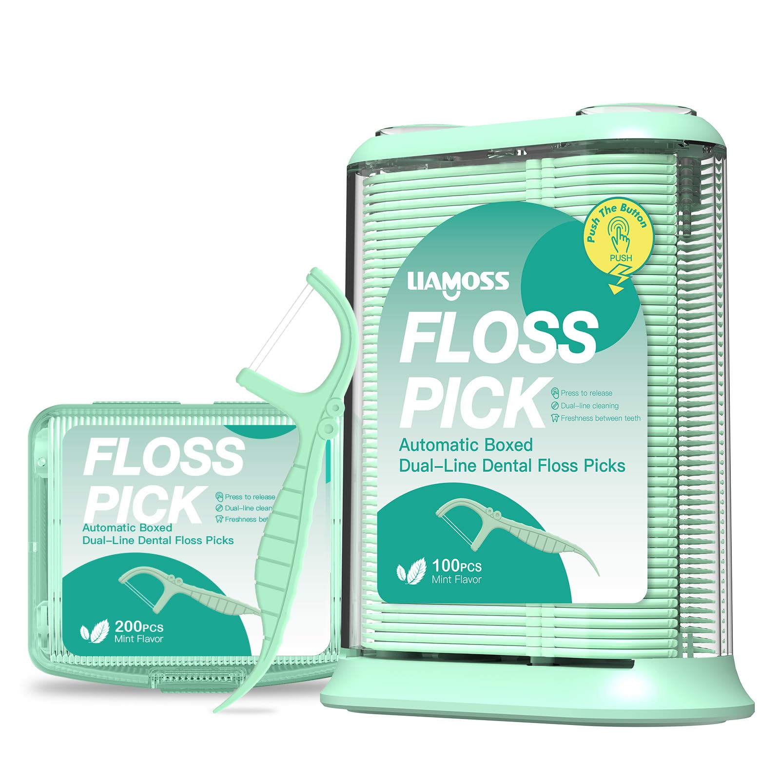 LIAMOSS dental floss picks with dispenser, mint twin-line, green