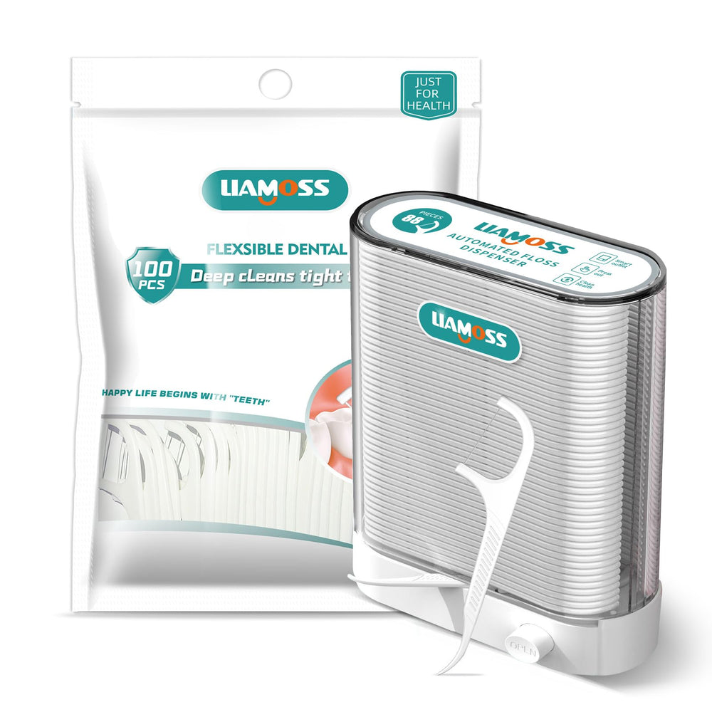Clear LIAMOSS dental floss dispenser showing internal floss sticks