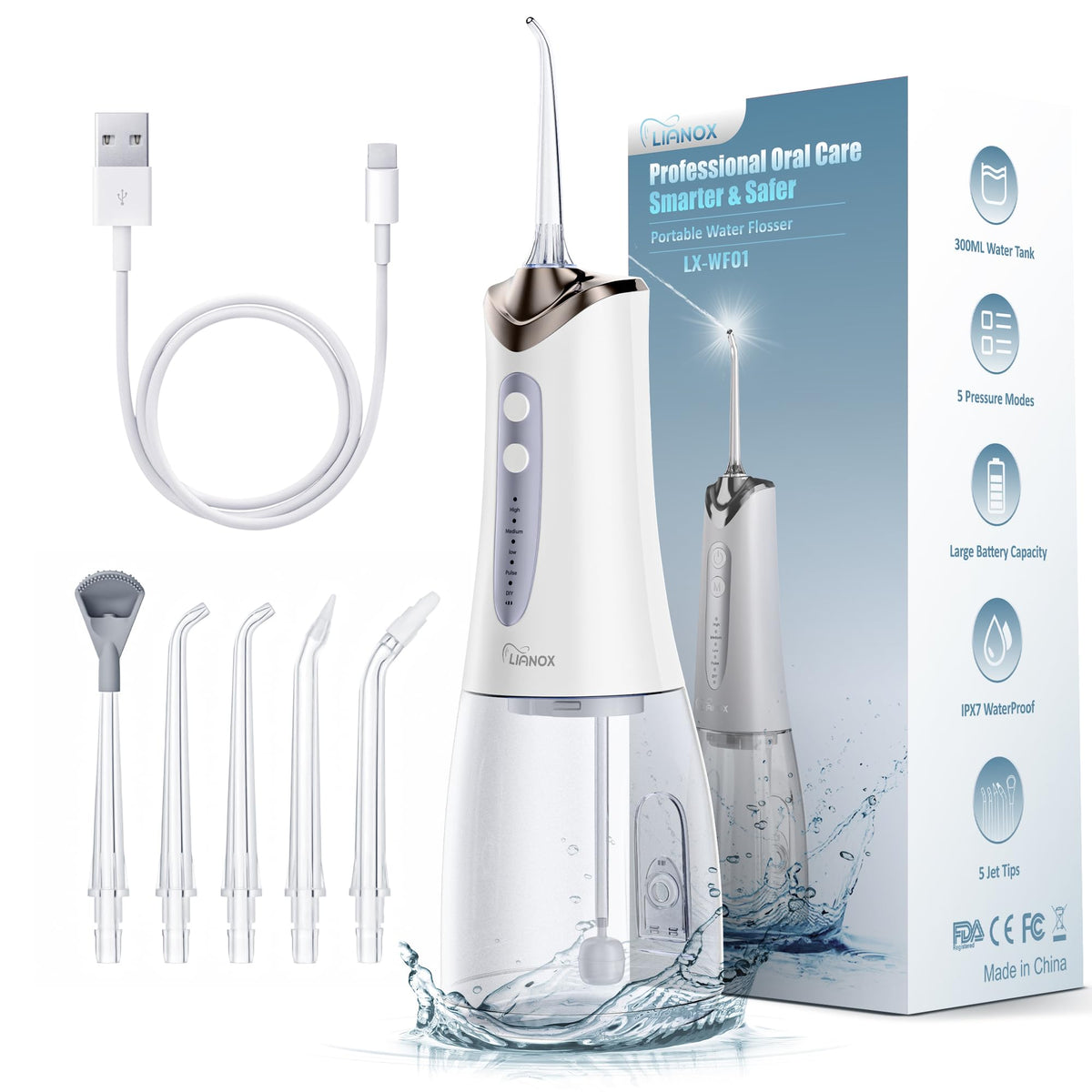 Front view of Lianox cordless water flosser