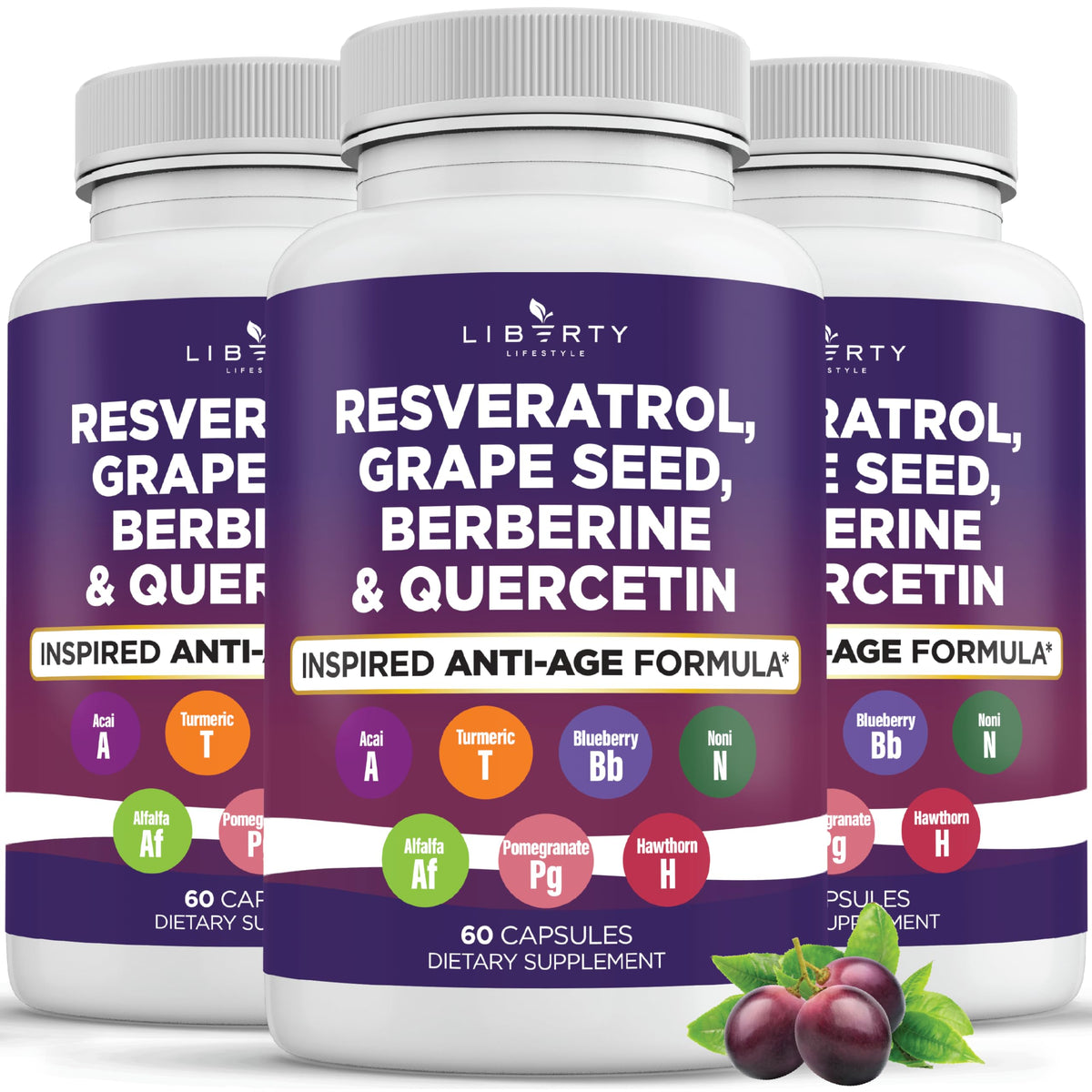 Liberty Lifestyle Resveratrol Berberine Grapeseed Polyphenol supplement bottle – 180 count