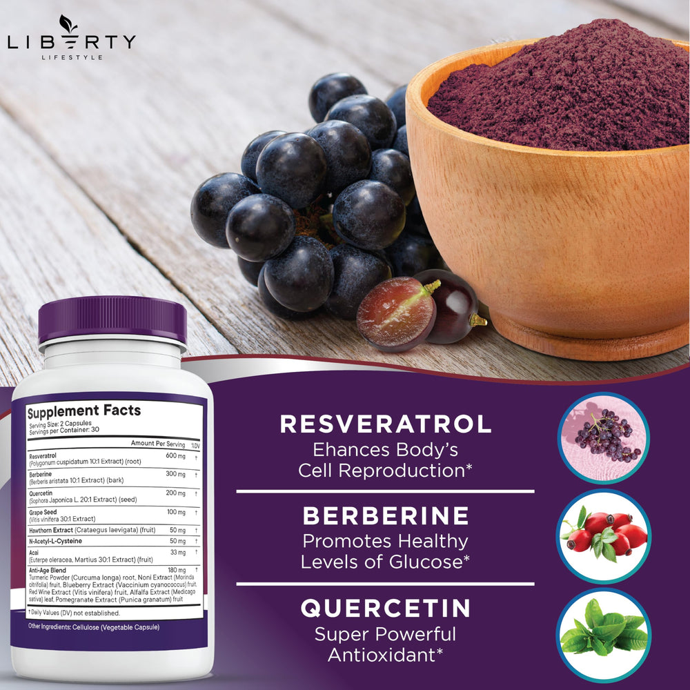 Capsules with ingredients like resveratrol, berberine and grape seed extract
