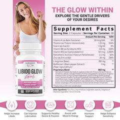 Close-up of Libido Glow Girl 14 in 1 formula ingredients including Maca Tribulus and Ashwagandha