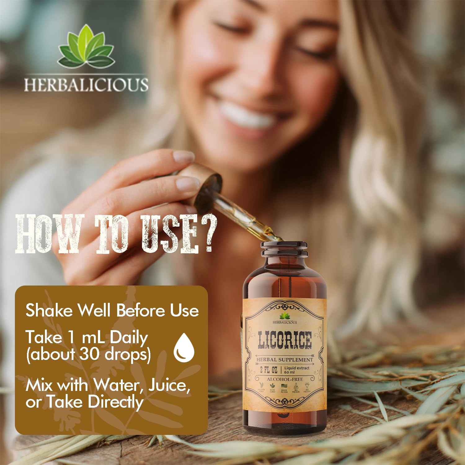 Liquid licorice root extract with dropper applicator